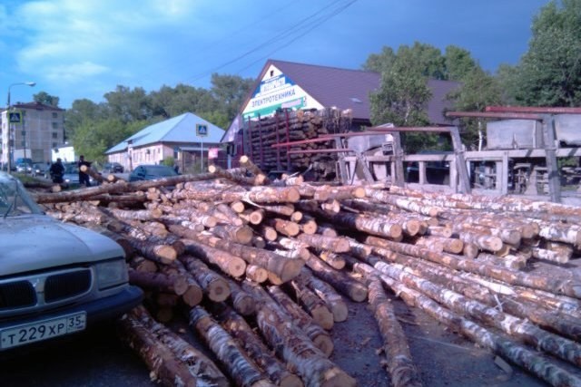 На улице Чкалова в Череповце опрокинулся прицеп лесовоза, фото 15 июня 2015
